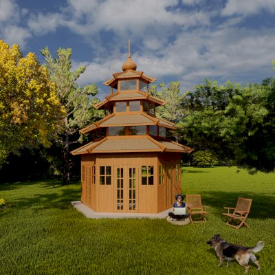 Skyline Sanctuary Pagoda (Rendering Shows: 20ft Diameter, 26ft H (without antenna), Redwood, French Doors, Deck not included).
