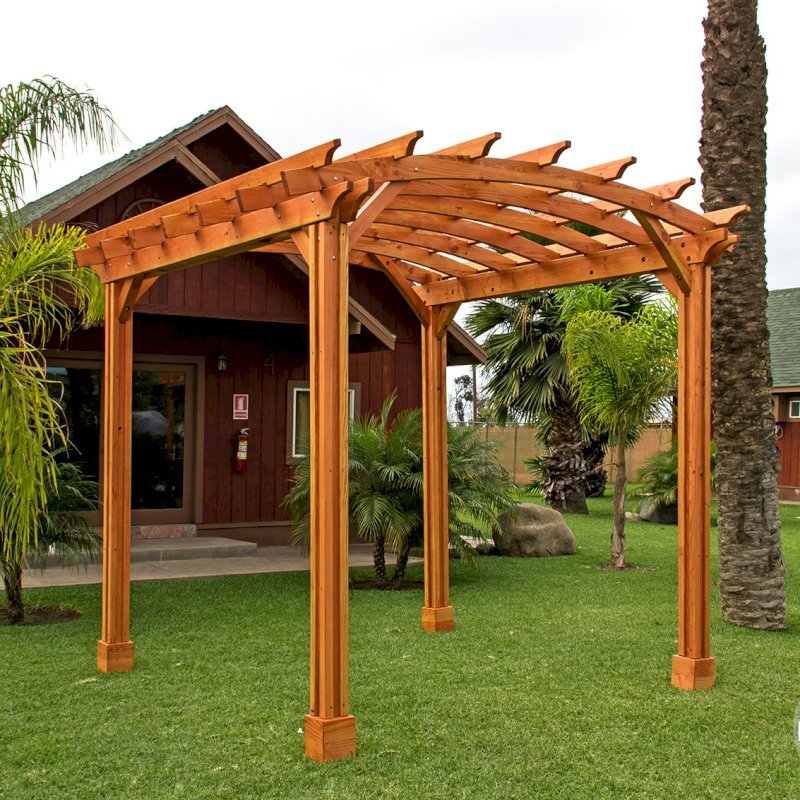 Small Arched Open Sky Pergolas (Options: 10' L x 10' W, No Privacy Panels, Douglas-Fir, No Rain Guard, 9 ft Post Height, No Electrical Wiring Trim, Vertical Decorative Trim, 4-post anchor kit for stone, brick or concrete (with anchor bolts), No Curtain Rods, No Retractable Shade Canopy, Transparent Premium Sealant). Small Arched Open Sky Pergolas (Options: 10' L x 10' W, No Privacy Panels, Douglas-Fir, No Rain Guard, 9 ft Post Height, No Electrical Wiring Trim, Vertical Decorative Trim, 4-post anchor kit for stone, brick or concrete (with anchor bolts), No Curtain Rods, No Retractable Shade Canopy, Transparent Premium Sealant).