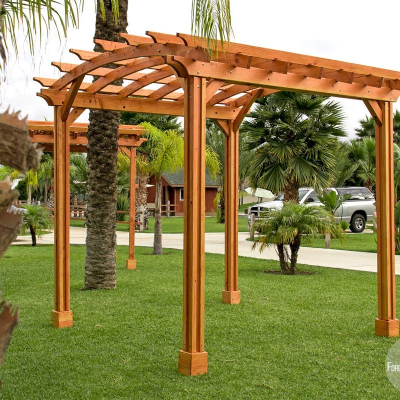 Small Arched Open Sky Pergolas (Options: 10' L x 10' W, No Privacy Panels, Douglas-Fir, No Rain Guard, 9 ft Post Height, No Electrical Wiring Trim, Vertical Decorative Trim, 4-post anchor kit for stone, brick or concrete (with anchor bolts), No Curtain Rods, No Retractable Shade Canopy, Transparent Premium Sealant). Small Arched Open Sky Pergolas (Options: 10' L x 10' W, No Privacy Panels, Douglas-Fir, No Rain Guard, 9 ft Post Height, No Electrical Wiring Trim, Vertical Decorative Trim, 4-post anchor kit for stone, brick or concrete (with anchor bolts), No Curtain Rods, No Retractable Shade Canopy, Transparent Premium Sealant).