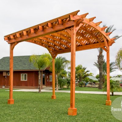 Small Arched Pergola Kits (Options: 10' L x 10' W, No Privacy Panels, Douglas-Fir, No Rain Guard, 9 ft Post Height, No Electrical Wiring Trim, No Decorative Trim, 4-Post Anchor Kit for Concrete, No Curtain Rods, No Retractable Shade Canopy, Transparent Premium Sealant).