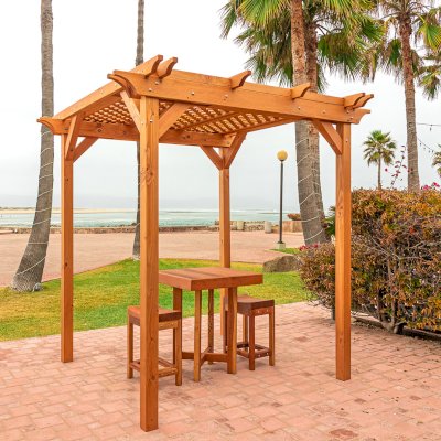 Small Lattice Pergola  (Options: 8' L x 8' W, No Privacy Panels, Douglas-fir, No Rain Guard, 8 ft Post Height, No Electrical Wiring Kit, No Post Decorative Trim, No Anchor Kit, No Curtain Rods, No Retractable Shade Canopy, Transparent Premium Sealant). Glady's Balcony Table Set Under the Pergola.