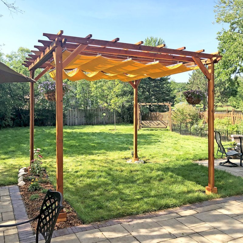 Small Garden Pergola Kit (Options: 12' L x 12' W, No Privacy Panels, California Redwood, 9.5' Post height, 4-Post Anchor Kit for Gale-Wind, No Curtain Rods, No Decorative Trims, Transparent Premium Sealant). Custom Canopy purchased form Infinity Canopy. Photo Courtesy of J. Minniti of Lisle, Illinois. Small Garden Pergola Kit (Options: 12' L x 12' W, No Privacy Panels, California Redwood, 9.5' Post height, 4-Post Anchor Kit for Gale-Wind, No Curtain Rods, No Decorative Trims, Transparent Premium Sealant). Custom Canopy purchased form Infinity Canopy. Photo Courtesy of J. Minniti of Lisle, Illinois.