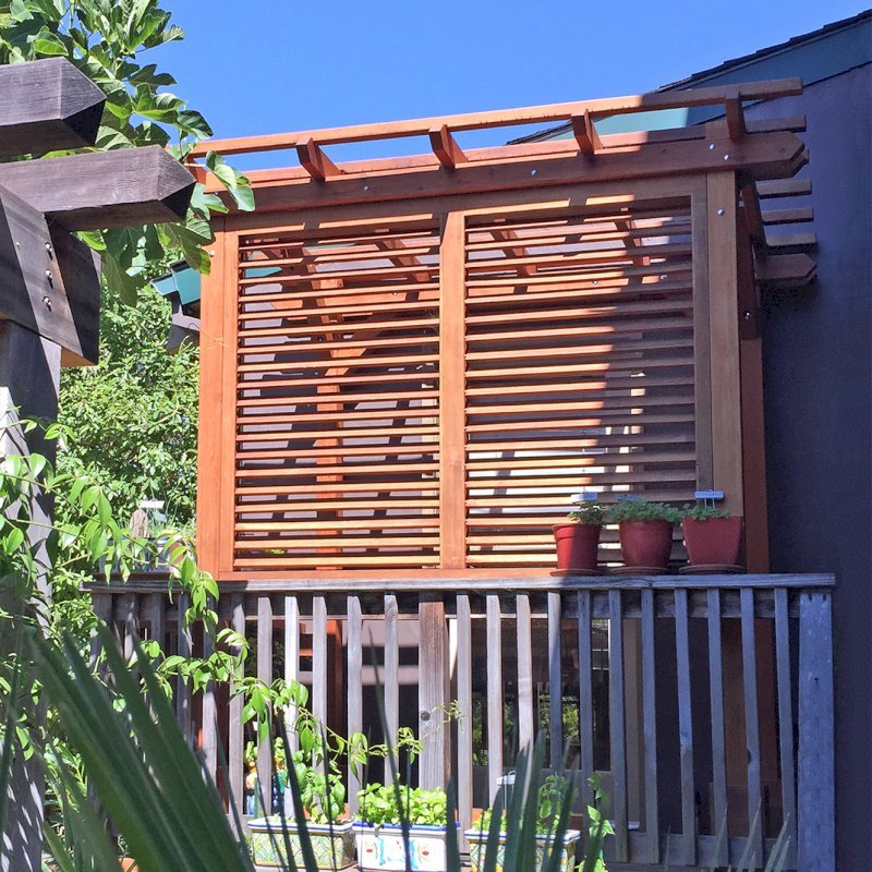 Small Garden Pergola Kit (Options: 8' L x 5' W, with Wall Panel Louver Style, Mature Redwood, No Rain Guard, 8 ft Post Height, No Electrical Wiring Kit, No Post Decorative Trim, No Anchor Kit, No Curtain Rods, 1 Louver Privacy Panel Style Full Height, No Retractable Shade Canopy, Transparent Premium Sealant). Custom End Cuts, Photo Courtesy of J. Siino of Kirkland, WA. Small Garden Pergola Kit (Options: 8' L x 5' W, with Wall Panel Louver Style, Mature Redwood, No Rain Guard, 8 ft Post Height, No Electrical Wiring Kit, No Post Decorative Trim, No Anchor Kit, No Curtain Rods, 1 Louver Privacy Panel Style Full Height, No Retractable Shade Canopy, Transparent Premium Sealant). Custom End Cuts, Photo Courtesy of J. Siino of Kirkland, WA.