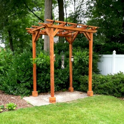 Small Garden Pergola Kit (Options: 8' L x 6' W, No Privacy Panels, California Redwood, 9 ft Post Height, 4-Post Anchor Kit for Stone, No Curtain Rods, No Decorative Trims, Transparent Premium Sealant). Photo Courtesy of James C. of Alexandria VA.