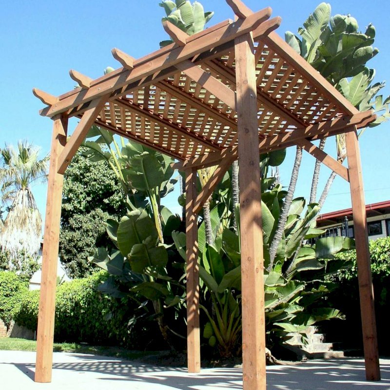Small Pergola (Options: 8' x 8', Garden Type, Standard Timbers, Mature Redwood, Lattice Roof, 9 ft Post Height, No Anchor Kit, No Ceiling Fan Base, No Privacy Panels, No Curtain Rods, Transparent Premium Sealant). Small Pergola (Options: 8' x 8', Garden Type, Standard Timbers, Mature Redwood, Lattice Roof, 9 ft Post Height, No Anchor Kit, No Ceiling Fan Base, No Privacy Panels, No Curtain Rods, Transparent Premium Sealant).