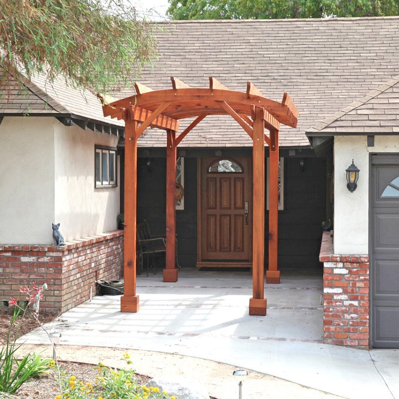 Small Pergola (Options: 8' x 15', Arched Type, Standard-Thickness Timbers, Mature Redwood, Open Roof with Slats at 18", Rafters at 18", Lengthwise Roof Support Timbers, 9 ft Post Height, Transparent Premium Sealant). Photo Courtesy of B. McCusker of Glendora, CA. Small Pergola (Options: 8' x 15', Arched Type, Standard-Thickness Timbers, Mature Redwood, Open Roof with Slats at 18", Rafters at 18", Lengthwise Roof Support Timbers, 9 ft Post Height, Transparent Premium Sealant). Photo Courtesy of B. McCusker of Glendora, CA.