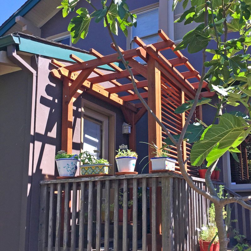 Small Pergola (Options: 8' x 5', Garden Type, Standard Timbers, Old-Growth Redwood, Open Roof, 8 ft Post Height, No Anchor Kit, No Ceiling Fan Base, 1 Louver Privacy Panels, No Curtain Rods, Custom End Cuts, Transparent Premium Sealant). Photo Courtesy of J. Siino of Kirkland, WA. Small Pergola (Options: 8' x 5', Garden Type, Standard Timbers, Old-Growth Redwood, Open Roof, 8 ft Post Height, No Anchor Kit, No Ceiling Fan Base, 1 Louver Privacy Panels, No Curtain Rods, Custom End Cuts, Transparent Premium Sealant). Photo Courtesy of J. Siino of Kirkland, WA.