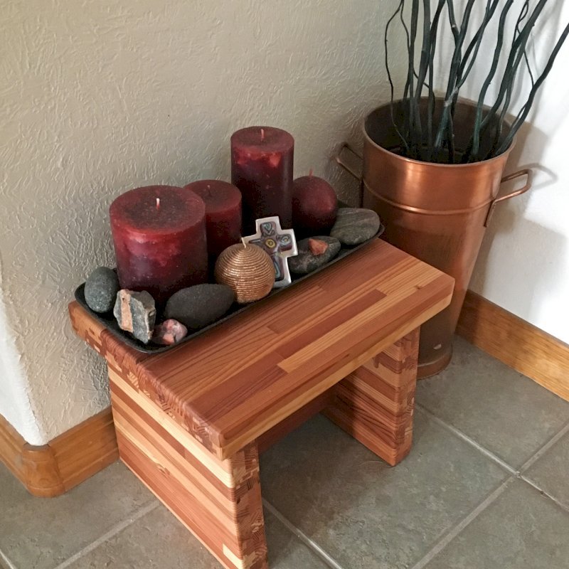Small Wooden Foot Stool (Options: Mosaic Eco-Wood, 12" H, No Engraving, Transparent Premium Sealant). Photo Courtesy of P. Helger of Pueblo West, CO. Small Wooden Foot Stool (Options: Mosaic Eco-Wood, 12" H, No Engraving, Transparent Premium Sealant). Photo Courtesy of P. Helger of Pueblo West, CO.