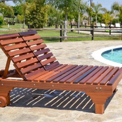 Sol Redwood Patio Lounger (Options: Double, Standard 74", Mature Redwood, 15.5H, Include Wooden Wheels, No Cushion, Transparent Premium Sealant). 