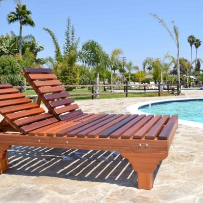 Sol Redwood Patio Lounger (Options: Double, Standard 74", Mature Redwood, 15.5H, Include Wooden Wheels, No Cushion, Transparent Premium Sealant). 