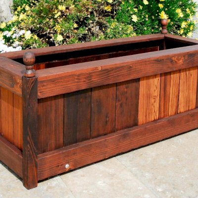 Sonoma Finial Planters (Options: 48" L, 18" W x 18" H, Mature Redwood, Oval Finials, Feet , No Trellis, Interior and Exterior of Box with Sealant (No Growing Vegetables), Coffee Stain).