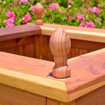 Sonoma Finial Planters (Options: 24" L, 24" W x 24" H, Redwood, Oval Finials, Feet, No Trellis, Interior and Exterior of Box with Sealant (No Growing Vegetables), Transparent Premium Sealant). 