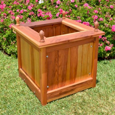 Sonoma Finial Planters (Options: 24" L, 24" W x 24" H, Redwood, Oval Finials, Feet, No Trellis, Interior and Exterior of Box with Sealant (No Growing Vegetables), Transparent Premium Sealant). 