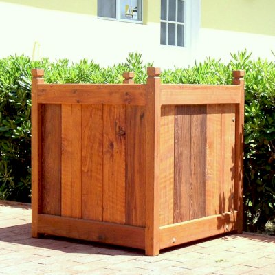 Sonoma Finial Planters (Options: 36" L, 36" W x 36" H, Mature Redwood, Square Finials, Feet, No Trellis, Interior and Exterior of Box with Sealant (No Growing Vegetables), Transparent Premium Sealant). 
