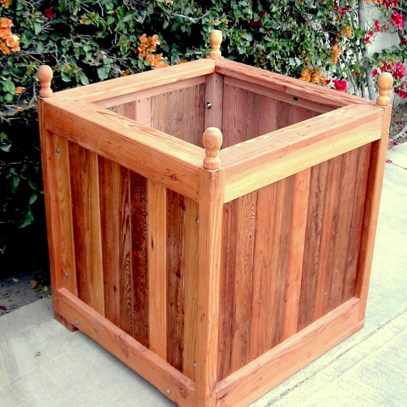 Sonoma Finial Planter (Options: 36" L, 36" W x 36" H, Redwood, Oval Finials, Feet , No Trellis, No Growing Vegetables, Transparent Premium Sealant). Sonoma Finial Planter (Options: 36" L, 36" W x 36" H, Redwood, Oval Finials, Feet , No Trellis, No Growing Vegetables, Transparent Premium Sealant).
