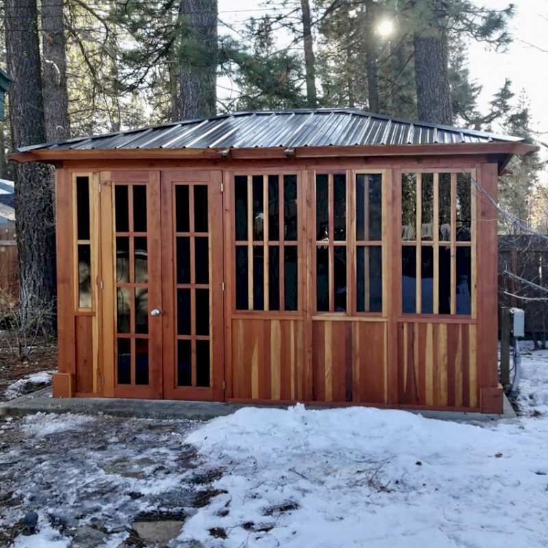 Spa Gazebo Kit (Options: 14' L, 10' W, California Redwood, A Combination of Fixed and Sliding Windows, Without Skylight, 36" H Siding Below Windows, Vertical Siding, French Doors without Screens, No Flooring, Transparent Premium Sealant). Photo Courtesy of D. Wolfe of Chester, California. Spa Gazebo Kit (Options: 14' L, 10' W, California Redwood, A Combination of Fixed and Sliding Windows, Without Skylight, 36" H Siding Below Windows, Vertical Siding, French Doors without Screens, No Flooring, Transparent Premium Sealant). Photo Courtesy of D. Wolfe of Chester, California.