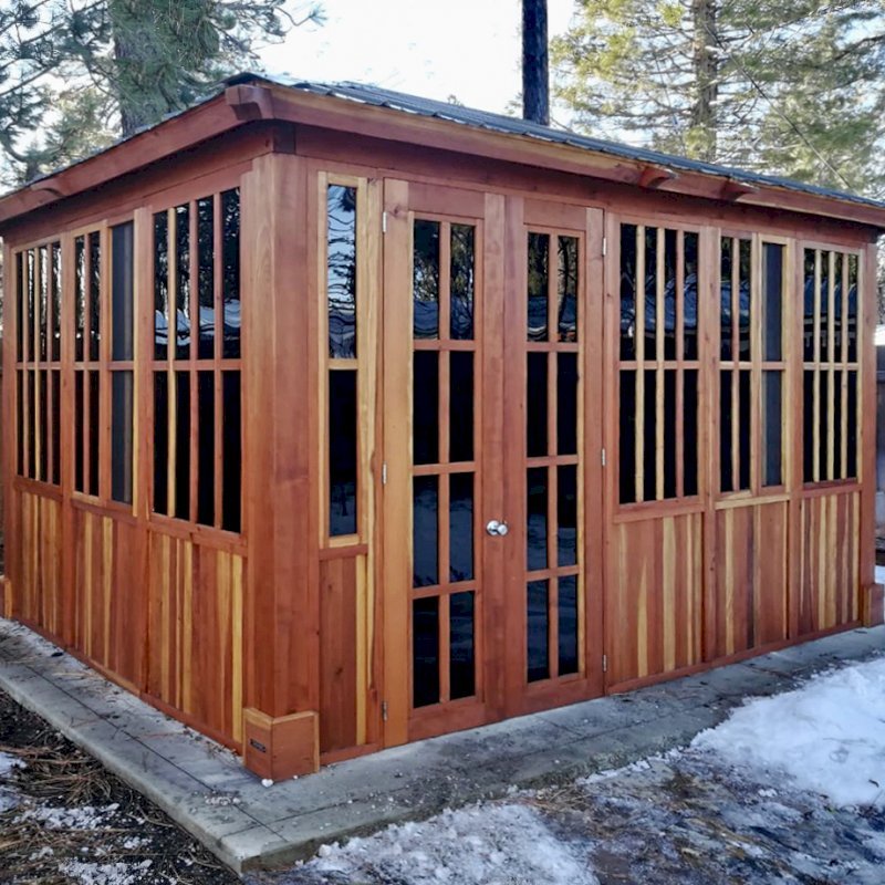 Spa Gazebo Kit (Options: 14' L, 10' W, California Redwood, A Combination of Fixed and Sliding Windows, Without Skylight, 36" H Siding Below Windows, Vertical Siding, French Doors without Screens, No Flooring, Transparent Premium Sealant). Photo Courtesy of D. Wolfe of Chester, California. Spa Gazebo Kit (Options: 14' L, 10' W, California Redwood, A Combination of Fixed and Sliding Windows, Without Skylight, 36" H Siding Below Windows, Vertical Siding, French Doors without Screens, No Flooring, Transparent Premium Sealant). Photo Courtesy of D. Wolfe of Chester, California.
