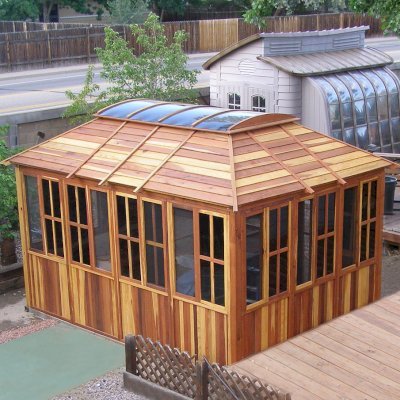 Spa Gazebo Kit (Options: 10' L, 14' W, Redwood, All Sliding Windows with Screens, 4' x 6' Skylight, 36" H Siding Below Windows, Vertical Siding, Japanese Doors with Screens, No Flooring, Transparent Premium Sealant). Photo Courtesy of Richard S. of Loveland, Colorado.