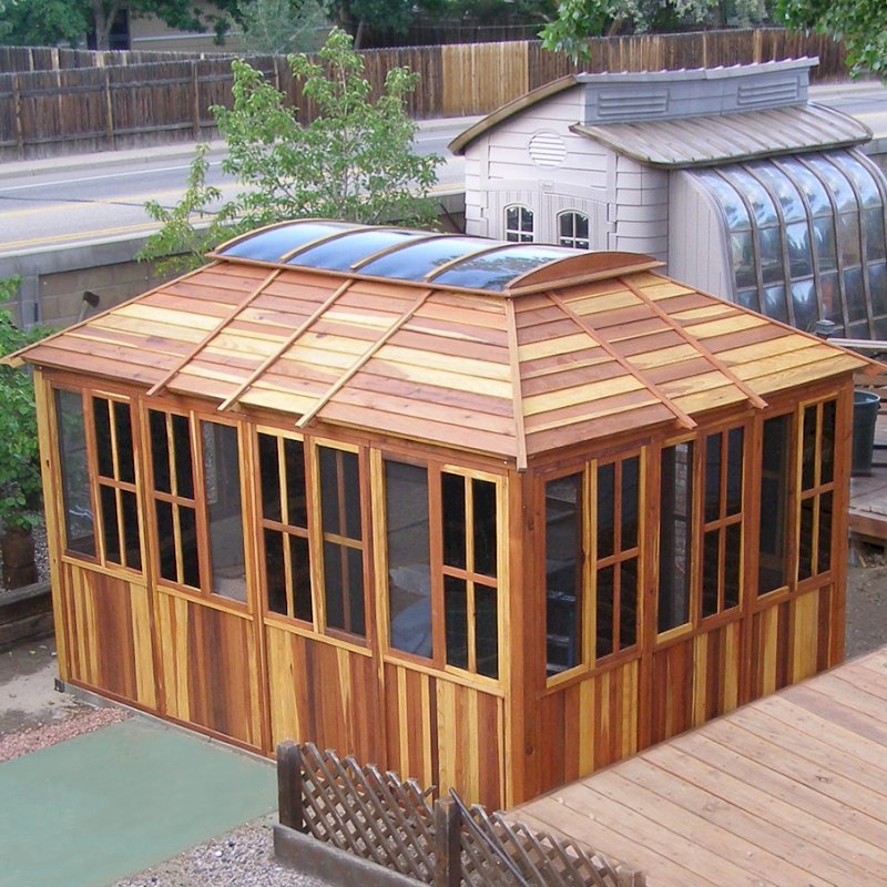 Spa Gazebo (Options: 10' L, 14' W, Redwood, All Sliding Windows with Screens, 4' x 6' Skylight, 36" H Siding Below Windows, Vertical Siding, Japanese Doors with Screens, No Flooring, Transparent Premium Sealant). Photo Courtesy of Richard S. of Loveland, Colorado. Spa Gazebo (Options: 10' L, 14' W, Redwood, All Sliding Windows with Screens, 4' x 6' Skylight, 36" H Siding Below Windows, Vertical Siding, Japanese Doors with Screens, No Flooring, Transparent Premium Sealant). Photo Courtesy of Richard S. of Loveland, Colorado.