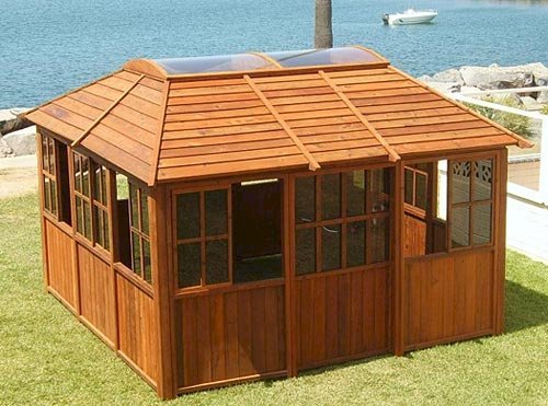 Spa Gazebo (Options: 10' L, 14' W, Redwood, All Sliding Windows with Screens, 4' x 6' Skylight, 36" H Siding Below Windows, Vertical Siding, Japanese Doors with Screens, No Flooring, Transparent Premium Sealant). Photo Courtesy of Richard S. of Loveland, Colorado. Spa Gazebo (Options: 10' L, 14' W, Redwood, All Sliding Windows with Screens, 4' x 6' Skylight, 36" H Siding Below Windows, Vertical Siding, Japanese Doors with Screens, No Flooring, Transparent Premium Sealant). Photo Courtesy of Richard S. of Loveland, Colorado.