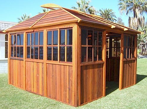 Spa Gazebo (Options: 10' L, 14' W, Redwood, All Sliding Windows with Screens, 4' x 6' Skylight, 36" H Siding Below Windows, Vertical Siding, Japanese Doors with Screens, No Flooring, Transparent Premium Sealant). Photo Courtesy of Richard S. of Loveland, Colorado. Spa Gazebo (Options: 10' L, 14' W, Redwood, All Sliding Windows with Screens, 4' x 6' Skylight, 36" H Siding Below Windows, Vertical Siding, Japanese Doors with Screens, No Flooring, Transparent Premium Sealant). Photo Courtesy of Richard S. of Loveland, Colorado.