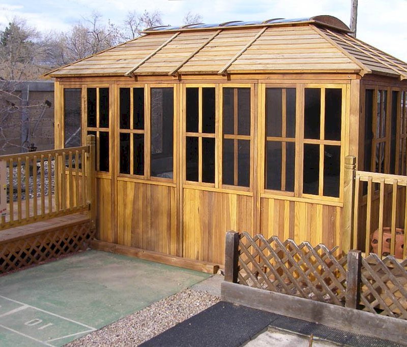 Spa Gazebo (Options: 10' L, 14' W, Redwood, All Sliding Windows with Screens, 4' x 6' Skylight, 36" H Siding Below Windows, Vertical Siding, Japanese Doors with Screens, No Flooring, Transparent Premium Sealant). Photo Courtesy of Richard S. of Loveland, Colorado. Spa Gazebo (Options: 10' L, 14' W, Redwood, All Sliding Windows with Screens, 4' x 6' Skylight, 36" H Siding Below Windows, Vertical Siding, Japanese Doors with Screens, No Flooring, Transparent Premium Sealant). Photo Courtesy of Richard S. of Loveland, Colorado.