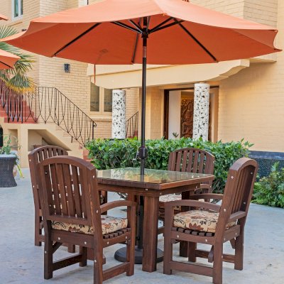 Square Patio Tables (Options: 3.5', 4 Chairs, Mosaic Redwood, Luna Style Chairs, All Armchairs, Custom Cushions, Standard Tabletop, Slightly Rounded Corners, 1-5/8in Umbrella Hole, Coffee-Stain Premium Sealant). Photo Courtesy of C. Ledesma of La Jolla, CA.