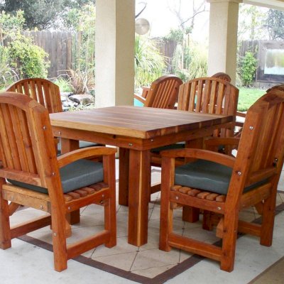 Square Patio Tables (Options: 3.5', 4 Chairs, Redwood, Luna Style Chairs, Armchairs Only, Cushions, Seamless tabletop option, Squared corners, No Umbrella Hole, Transparent Premium Sealant). Luna and Ensenada Rockers partly visible in background.
