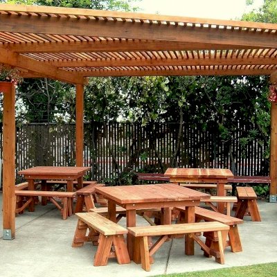 Comparing Wood Grades: Square Patio Tables (Options: 4', Side Benches, Left: Mature Redwood, Center & Right: Redwood, Standard Tabletop, Squared Corners, No Umbrella Hole, Transparent Premium Sealant). 