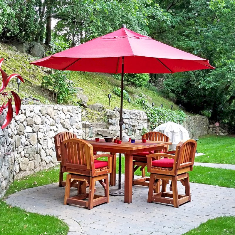 Square Patio Table (Options: 4', 4 Chairs, Redwood, Vera's Armchair by Custom Request, Custom Cushions, Standard Tabletop, Slightly Rounded corners, No Umbrella Hole, Transparent Premium Sealant). Photo Courtesy of Lydia Triplett of Newton, Massachusetts. Square Patio Table (Options: 4', 4 Chairs, Redwood, Vera's Armchair by Custom Request, Custom Cushions, Standard Tabletop, Slightly Rounded corners, No Umbrella Hole, Transparent Premium Sealant). Photo Courtesy of Lydia Triplett of Newton, Massachusetts.