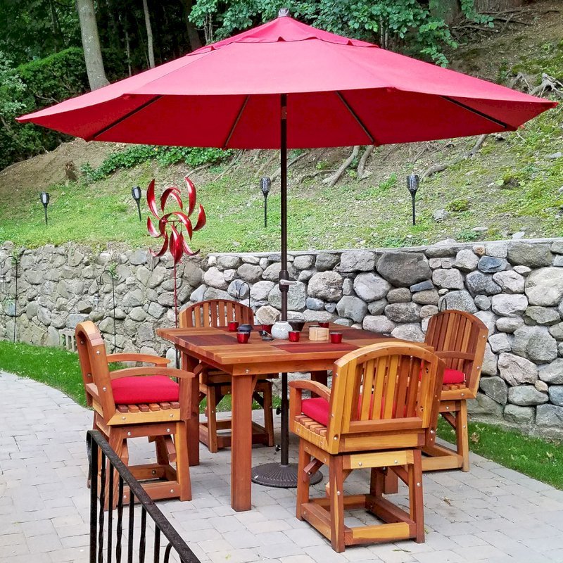 Square Patio Table (Options: 4', 4 Chairs, Redwood, Vera's Armchair by Custom Request, Custom Cushions, Standard Tabletop, Slightly Rounded corners, No Umbrella Hole, Transparent Premium Sealant). Photo Courtesy of Lydia Triplett of Newton, Massachusetts. Square Patio Table (Options: 4', 4 Chairs, Redwood, Vera's Armchair by Custom Request, Custom Cushions, Standard Tabletop, Slightly Rounded corners, No Umbrella Hole, Transparent Premium Sealant). Photo Courtesy of Lydia Triplett of Newton, Massachusetts.