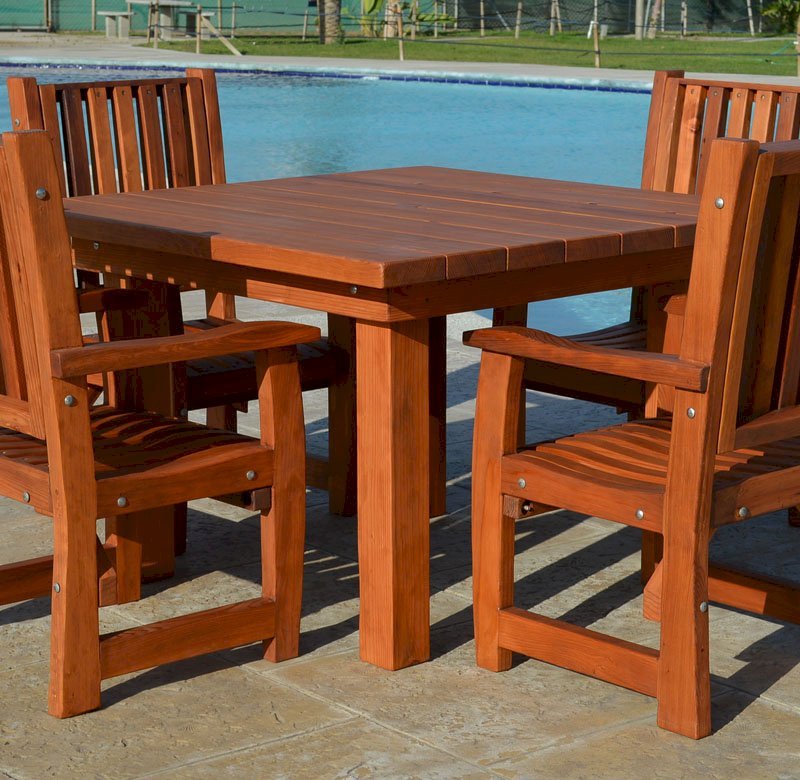Square Patio Table (Options: 4', 4 Chairs, Old-Growth Redwood, Ruth Style Chairs, Armchairs Only, No Cushions, Standard Tabletop, Squared Corners, Umbrella Hole, Transparent Premium Sealant). Square Patio Table (Options: 4', 4 Chairs, Old-Growth Redwood, Ruth Style Chairs, Armchairs Only, No Cushions, Standard Tabletop, Squared Corners, Umbrella Hole, Transparent Premium Sealant).