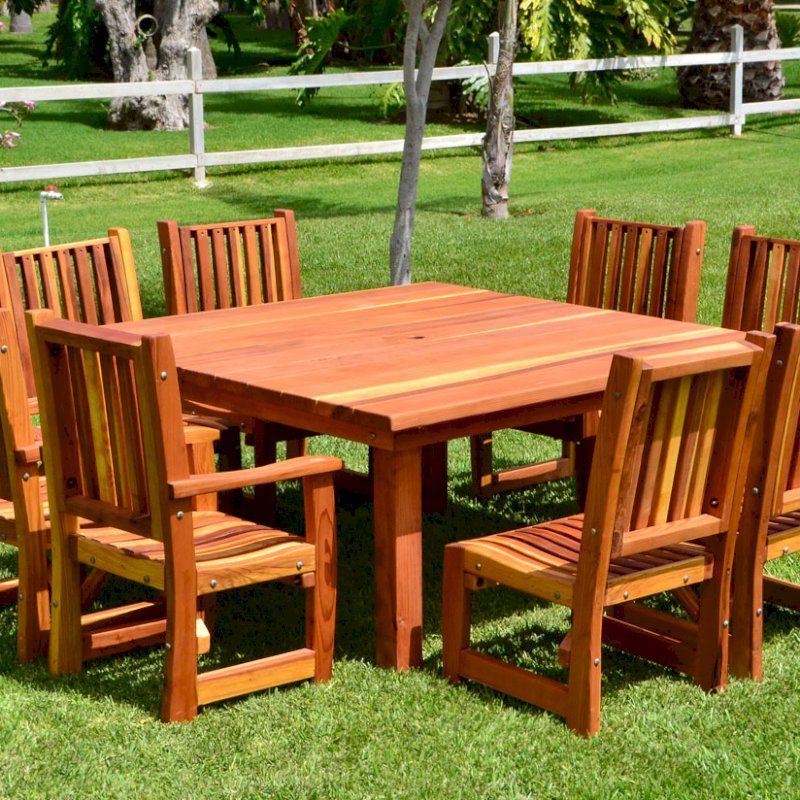 Square Patio Table (Options: 5.5', 8 Chairs, Redwood, Ruth Chairs, Combination of Armchairs and Side Chairs, No Cushions, Standard Tabletop, Slightly Rounded Corners, Umbrella Hole, Transparent Premium Sealant). Square Patio Table (Options: 5.5', 8 Chairs, Redwood, Ruth Chairs, Combination of Armchairs and Side Chairs, No Cushions, Standard Tabletop, Slightly Rounded Corners, Umbrella Hole, Transparent Premium Sealant).