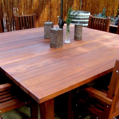 Square Patio Tables (Options: 6.5', 8 Chairs, Old-Growth Redwood, Ruth Style Chairs, Armchairs Only, No Cushions, Standard Tabletop Option, Squared corners, No Umbrella Hole, Transparent Premium Sealant).