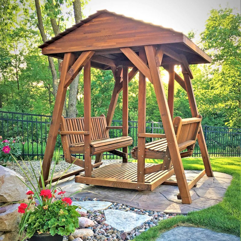 St. Anthony's Face to Face Gliders (XW, Mosaic Eco-Wood, No Kid's Platform, Standard Roof, No Engraving, Transparent Premium Sealant). Photo Courtesy of Richard Lange of Waunakee, Wisconsin. St. Anthony's Face to Face Gliders (XW, Mosaic Eco-Wood, No Kid's Platform, Standard Roof, No Engraving, Transparent Premium Sealant). Photo Courtesy of Richard Lange of Waunakee, Wisconsin.