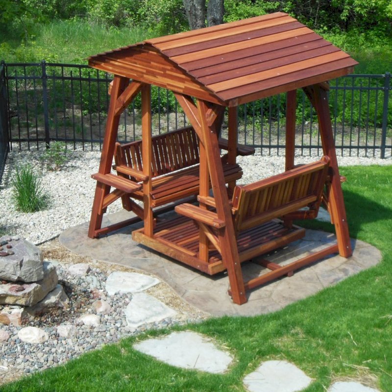 St. Anthony's Face to Face Gliders (XW, Mosaic Eco-Wood, No Kid's Platform, Standard Roof, No Engraving, Transparent Premium Sealant). Photo Courtesy of Richard Lange of Waunakee, Wisconsin. St. Anthony's Face to Face Gliders (XW, Mosaic Eco-Wood, No Kid's Platform, Standard Roof, No Engraving, Transparent Premium Sealant). Photo Courtesy of Richard Lange of Waunakee, Wisconsin.