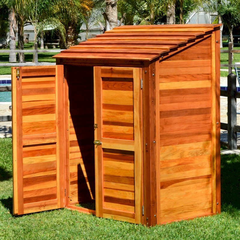 Storage Shed (Options: 4.5' W, 3' D, 6' H, Redwood, Double Doors, One Shelf on the Side Opposite the Door, 42" Shelving Height, Transparent Premium Sealant). Storage Shed (Options: 4.5' W, 3' D, 6' H, Redwood, Double Doors, One Shelf on the Side Opposite the Door, 42" Shelving Height, Transparent Premium Sealant).