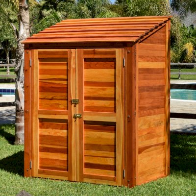 Storage Sheds (Options: 4.5' W, 3' D, 6' H, Redwood, Double Doors, One Shelf on the Side Opposite the Door, 42" Shelving Height, Transparent Premium Sealant). 