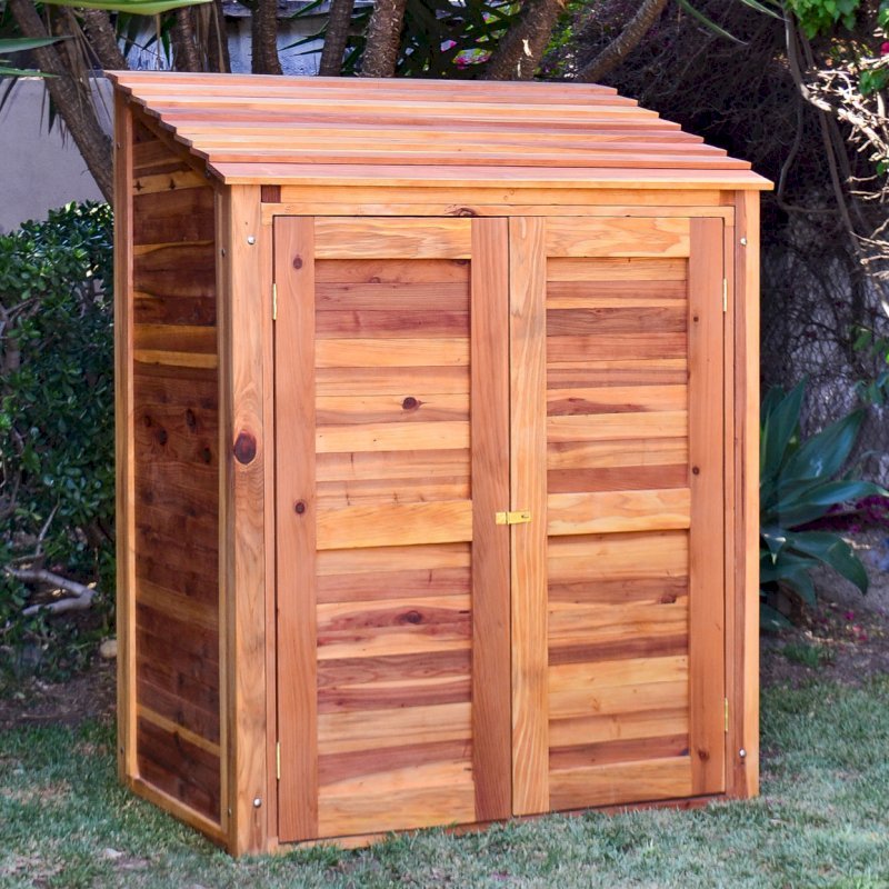 Storage Shed (Options: 4.5' W, 3' D, 6' H, Redwood, Double Doors, One Shelf, 48", Transparent Premium Sealant). Shelf to 1/2 width of shed by custom request. Storage Shed (Options: 4.5' W, 3' D, 6' H, Redwood, Double Doors, One Shelf, 48", Transparent Premium Sealant). Shelf to 1/2 width of shed by custom request.