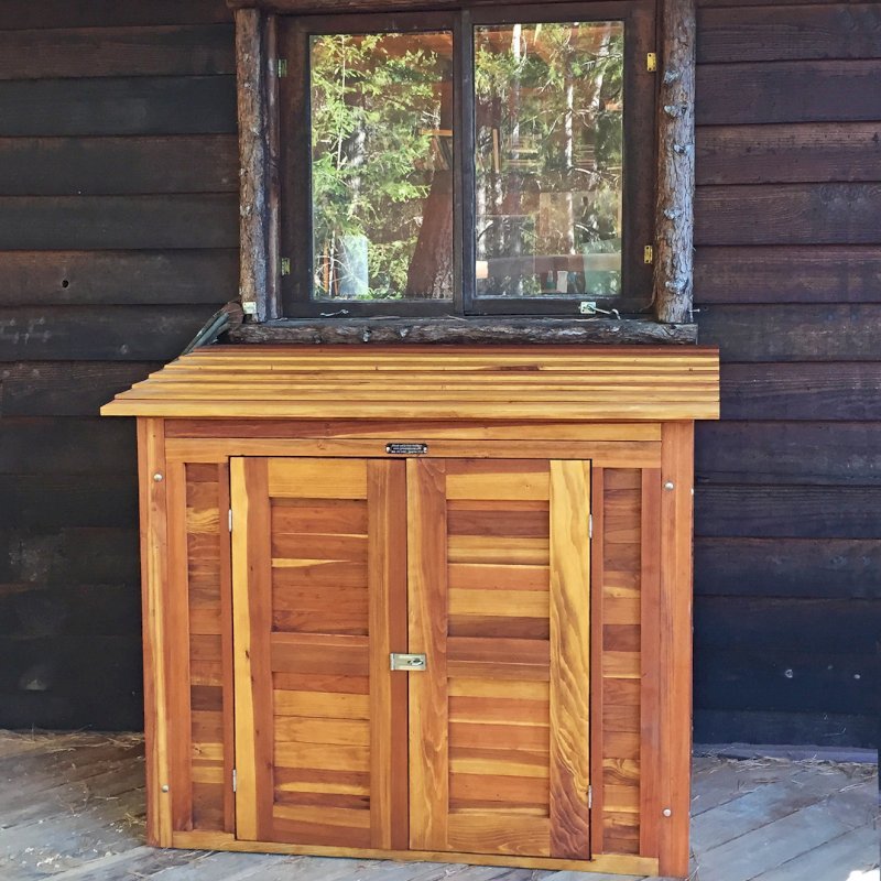 Storage Shed (Options: 4.5' W, 2' D, 4' H, Redwood, Double Doors, Two Shelves at 28" H & 14" H, Transparent Premium Sealant). Photo Courtesy of R. Hernandez of Annapolis, CA. Storage Shed (Options: 4.5' W, 2' D, 4' H, Redwood, Double Doors, Two Shelves at 28" H & 14" H, Transparent Premium Sealant). Photo Courtesy of R. Hernandez of Annapolis, CA.