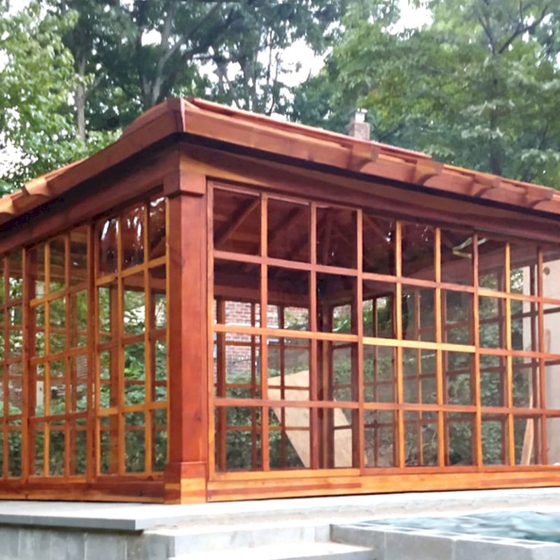 Sun Gazebo with Sliding Doors (Options: 12' L, 12' W, California Redwood, 7 ft Wall Height, 4' x 8' Skylight, Standard Wood Roof, Hardware Kit for Stone, Brick or Concrete, Complete Floor, Transparent Premium Sealant). Photo Courtesy of A. King of Richmond, Virginia. Sun Gazebo with Sliding Doors (Options: 12' L, 12' W, California Redwood, 7 ft Wall Height, 4' x 8' Skylight, Standard Wood Roof, Hardware Kit for Stone, Brick or Concrete, Complete Floor, Transparent Premium Sealant). Photo Courtesy of A. King of Richmond, Virginia.