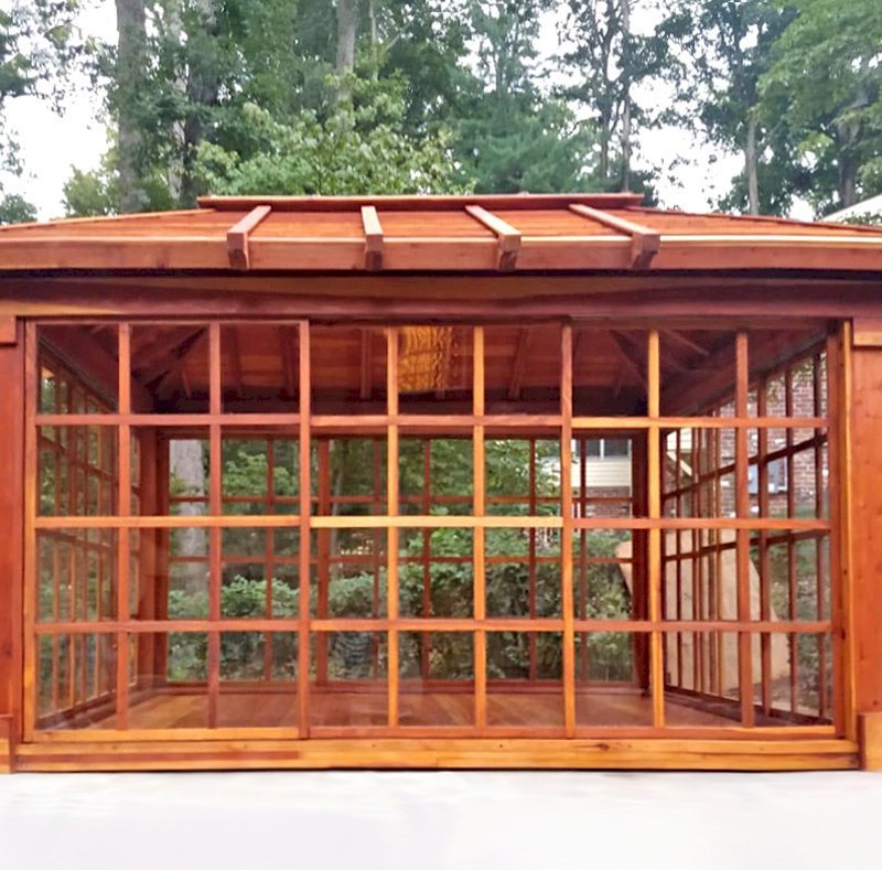 Sun Gazebo with Sliding Doors (Options: 12' L, 12' W, California Redwood, 7 ft Wall Height, 4' x 8' Skylight, Standard Wood Roof, Hardware Kit for Stone, Brick or Concrete, Complete Floor, Transparent Premium Sealant). Photo Courtesy of A. King of Richmond, Virginia. Sun Gazebo with Sliding Doors (Options: 12' L, 12' W, California Redwood, 7 ft Wall Height, 4' x 8' Skylight, Standard Wood Roof, Hardware Kit for Stone, Brick or Concrete, Complete Floor, Transparent Premium Sealant). Photo Courtesy of A. King of Richmond, Virginia.