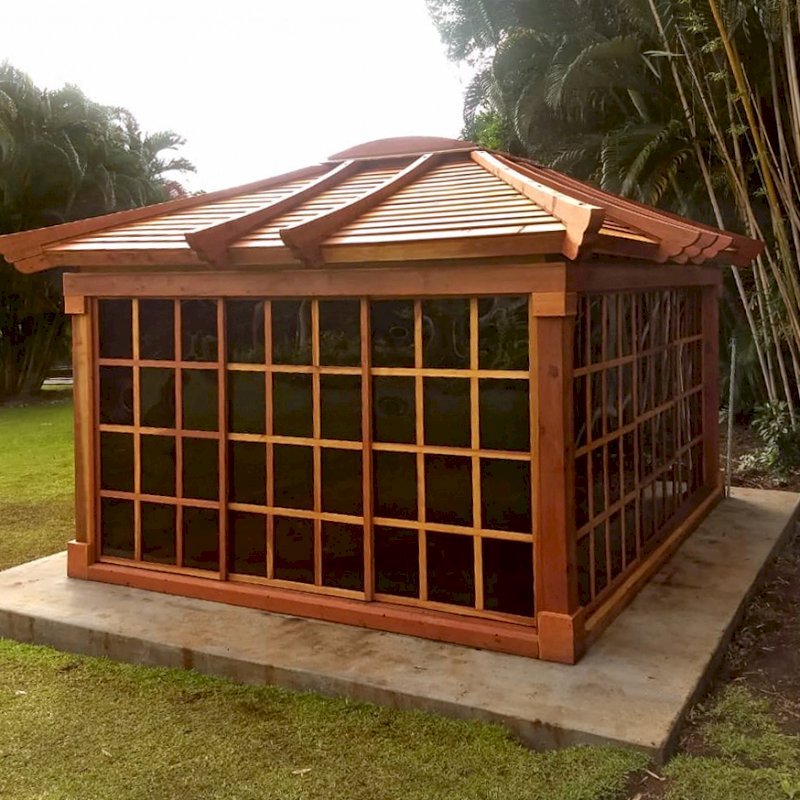 Sun Gazebo with Sliding Doors (Options: 14' L, 12' W, California Redwood, 4' x 4' Skylight, Standard Wood Roof, Complete Floor, Transparent Premium Sealant). Photo Courtesy of C. Tokars of Kaneohe, Hawaii. Sun Gazebo with Sliding Doors (Options: 14' L, 12' W, California Redwood, 4' x 4' Skylight, Standard Wood Roof, Complete Floor, Transparent Premium Sealant). Photo Courtesy of C. Tokars of Kaneohe, Hawaii.