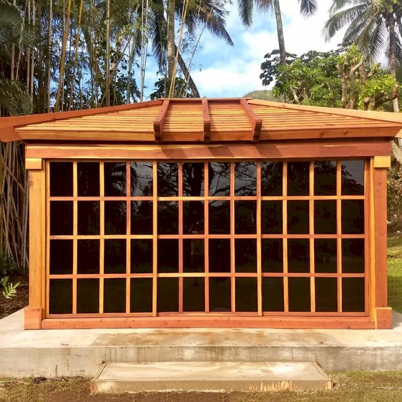 Sun Gazebo (Options: 14' L, 12' W, Redwood, 4' x 4' Skylight, Standard Wood Roof, Complete Floor, Transparent Premium Sealant). Photo Courtesy of C. Tokars of Kaneohe, Hawaii. Sun Gazebo (Options: 14' L, 12' W, Redwood, 4' x 4' Skylight, Standard Wood Roof, Complete Floor, Transparent Premium Sealant). Photo Courtesy of C. Tokars of Kaneohe, Hawaii.