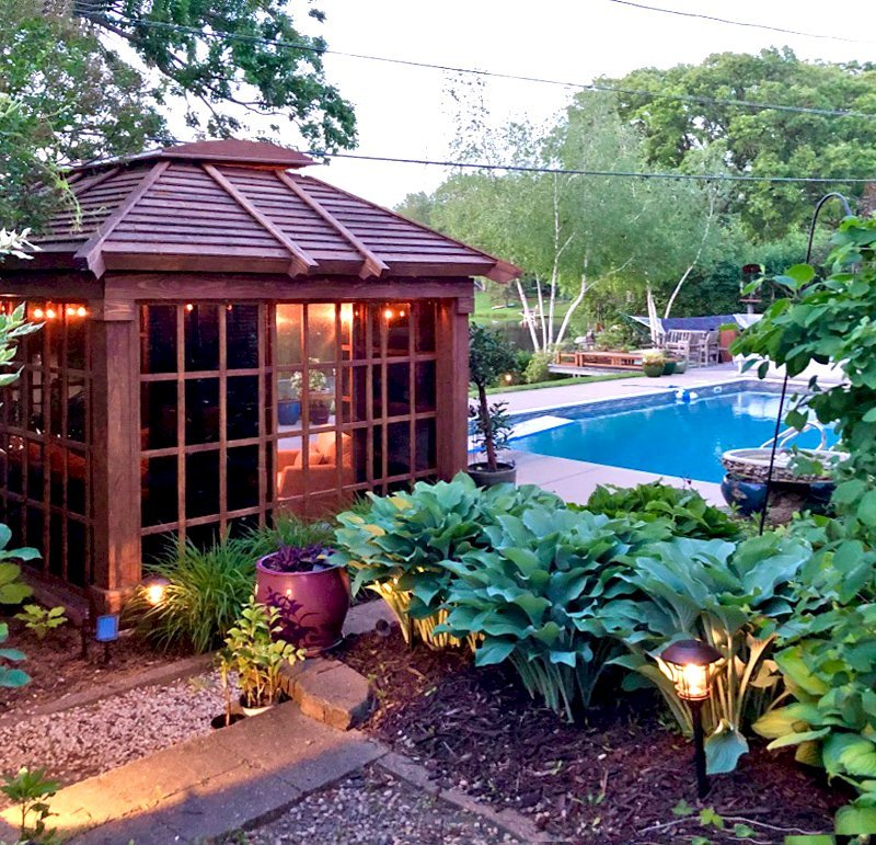 Sun Gazebo with Sliding Doors (Options: 14' L, 10' W, Douglas-fir, 4' x 8' Skylight, Standard Wood Roof, Hardware Kit for Stone, Brick or Concrete, No Floor, Coffee-Stain Premium Sealant). Photo Courtesy of D. Womack of White Bear Lake, Minnesota. Sun Gazebo with Sliding Doors (Options: 14' L, 10' W, Douglas-fir, 4' x 8' Skylight, Standard Wood Roof, Hardware Kit for Stone, Brick or Concrete, No Floor, Coffee-Stain Premium Sealant). Photo Courtesy of D. Womack of White Bear Lake, Minnesota.