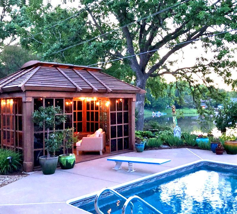 Sun Gazebo with Sliding Doors (Options: 14' L, 10' W, Douglas-fir, 4' x 8' Skylight, Standard Wood Roof, Hardware Kit for Stone, Brick or Concrete, No Floor, Coffee-Stain Premium Sealant). Photo Courtesy of D. Womack of White Bear Lake, Minnesota. Sun Gazebo with Sliding Doors (Options: 14' L, 10' W, Douglas-fir, 4' x 8' Skylight, Standard Wood Roof, Hardware Kit for Stone, Brick or Concrete, No Floor, Coffee-Stain Premium Sealant). Photo Courtesy of D. Womack of White Bear Lake, Minnesota.