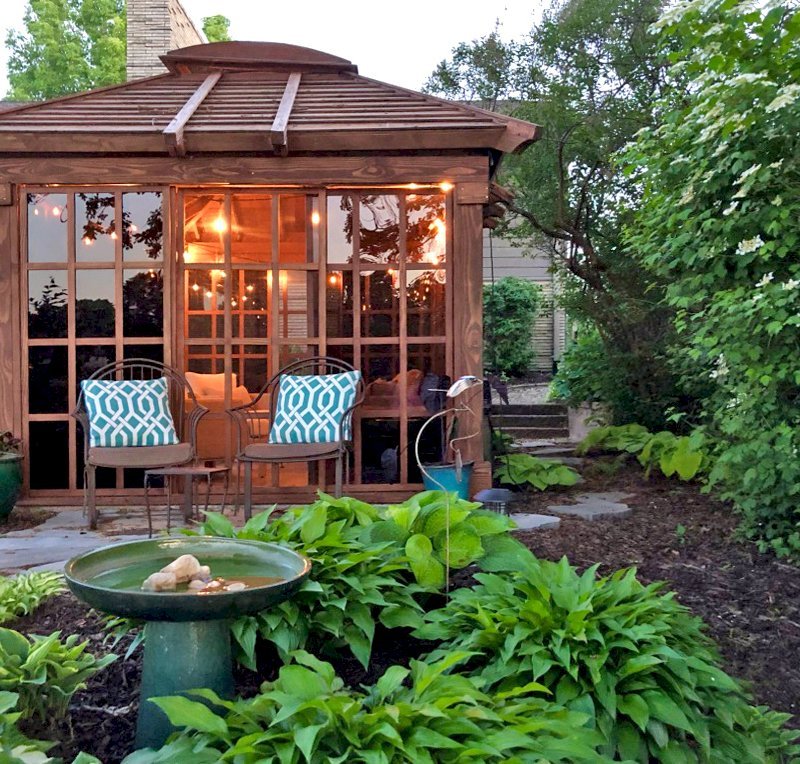 Sun Gazebo with Sliding Doors (Options: 14' L, 10' W, Douglas-fir, 4' x 8' Skylight, Standard Wood Roof, Hardware Kit for Stone, Brick or Concrete, No Floor, Coffee-Stain Premium Sealant). Photo Courtesy of D. Womack of White Bear Lake, Minnesota. Sun Gazebo with Sliding Doors (Options: 14' L, 10' W, Douglas-fir, 4' x 8' Skylight, Standard Wood Roof, Hardware Kit for Stone, Brick or Concrete, No Floor, Coffee-Stain Premium Sealant). Photo Courtesy of D. Womack of White Bear Lake, Minnesota.