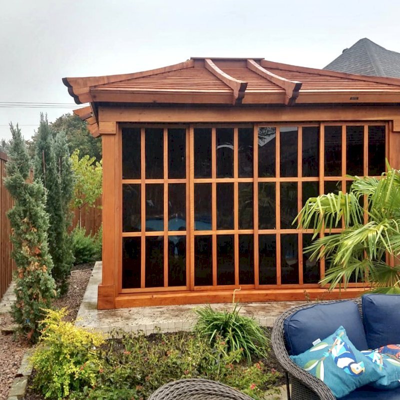 Sun Gazebo with Sliding Doors (Options: 12' L, 10' W, Mature Redwood, 7 ft Wall Height, Without Skylight, Standard Wood Roof, Hardware Kit for Stone, Brick or Concrete, Complete Floor, Transparent Premium Sealant). Photo Courtesy of J. Davidson of Plano, Texas. Sun Gazebo with Sliding Doors (Options: 12' L, 10' W, Mature Redwood, 7 ft Wall Height, Without Skylight, Standard Wood Roof, Hardware Kit for Stone, Brick or Concrete, Complete Floor, Transparent Premium Sealant). Photo Courtesy of J. Davidson of Plano, Texas.