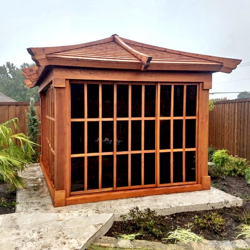 Sun Gazebo with Sliding Doors (Options: 12' L, 10' W, Mature Redwood, 7 ft Wall Height, Without Skylight, Standard Wood Roof, Hardware Kit for Stone, Brick or Concrete, Complete Floor, Transparent Premium Sealant). Photo Courtesy of J. Davidson of Plano, Texas. Sun Gazebo with Sliding Doors (Options: 12' L, 10' W, Mature Redwood, 7 ft Wall Height, Without Skylight, Standard Wood Roof, Hardware Kit for Stone, Brick or Concrete, Complete Floor, Transparent Premium Sealant). Photo Courtesy of J. Davidson of Plano, Texas.