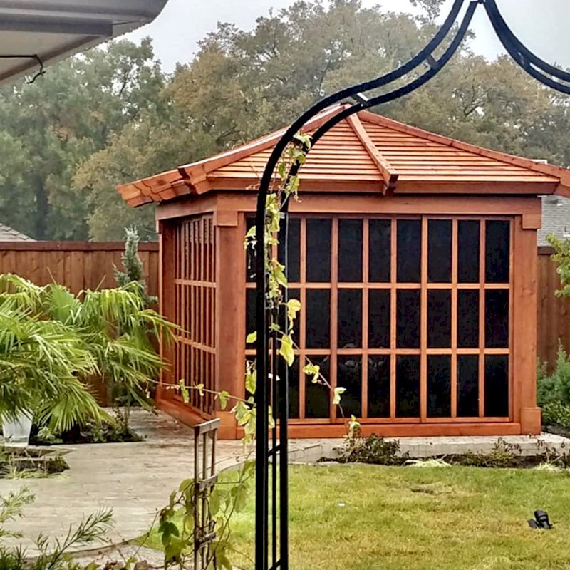 Sun Gazebo with Sliding Doors (Options: 12' L, 10' W, Mature Redwood, 7 ft Wall Height, Without Skylight, Standard Wood Roof, Hardware Kit for Stone, Brick or Concrete, Complete Floor, Transparent Premium Sealant). Photo Courtesy of J. Davidson of Plano, Texas. Sun Gazebo with Sliding Doors (Options: 12' L, 10' W, Mature Redwood, 7 ft Wall Height, Without Skylight, Standard Wood Roof, Hardware Kit for Stone, Brick or Concrete, Complete Floor, Transparent Premium Sealant). Photo Courtesy of J. Davidson of Plano, Texas.